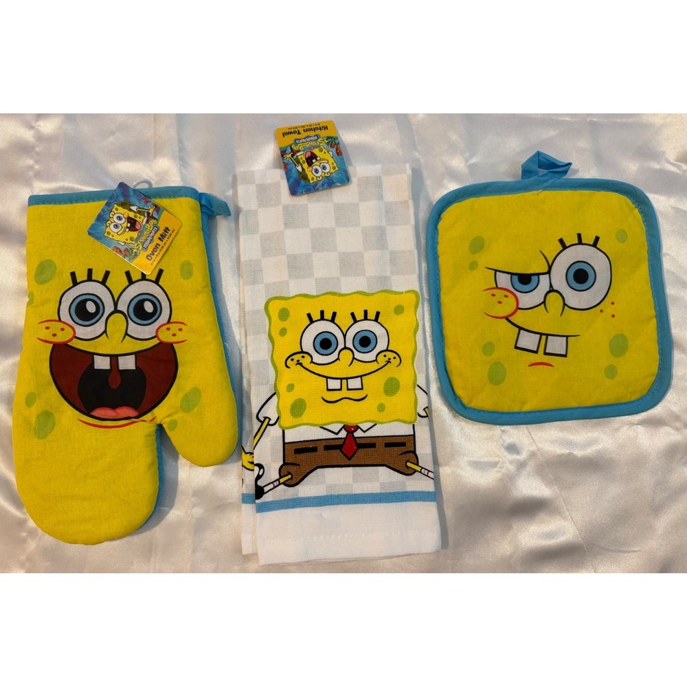 Nickelodeon SpongeBob SquarePants 3pc Kitchen Set Oven Mitt Towel Pot Holder NEW